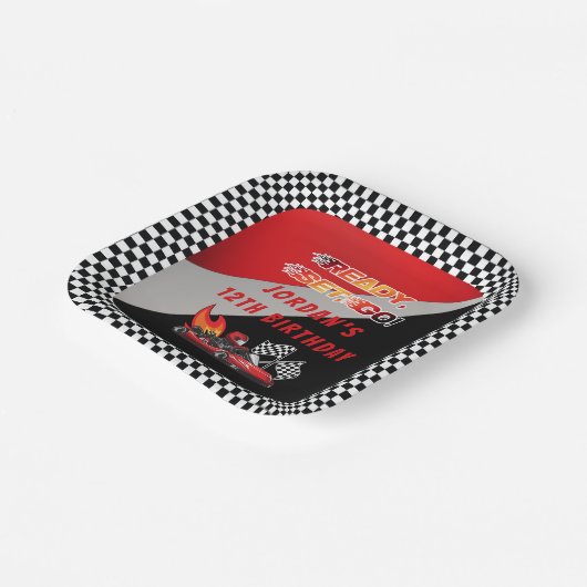 Red | Black Go Kart Racing Verjaardag Papieren Bordje (Gebogen)