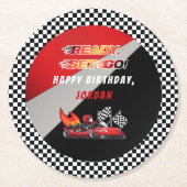 Red | Black Go Kart Racing Verjaardag Ronde Kartonnen Onderzetter (Voorkant)