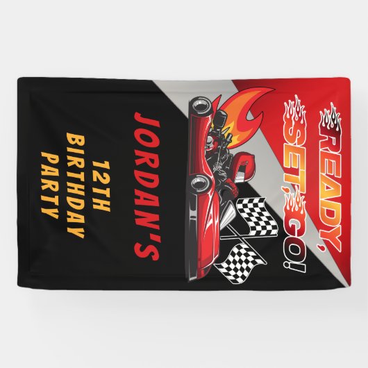 Red | Black Go Kart Racing Verjaardag Spandoek (Horizontaal)