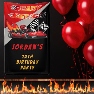 Red Black Go Kart Racing Verjaardag Spandoek