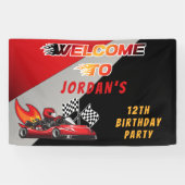 Red | Black Go Kart Racing Verjaardagsfeestje Welk Spandoek (Horizontaal)