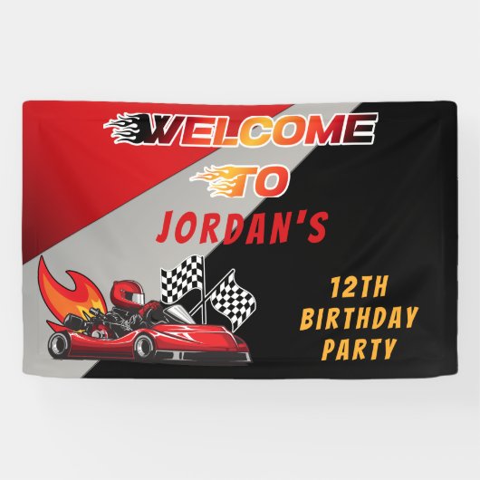 Red | Black Go Kart Racing Verjaardagsfeestje Welk Spandoek (Horizontaal)