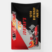Red | Black Go Kart Racing Verjaardagsfeestje Welk Spandoek (Verticaal)