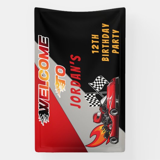 Red | Black Go Kart Racing Verjaardagsfeestje Welk Spandoek (Verticaal)