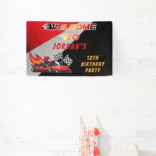 Red | Black Go Kart Racing Verjaardagsfeestje Welk Spandoek (Insitu)