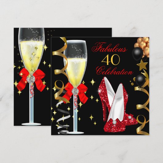 Red Black Gold 40 & Fabulous 40th Birthday Party Kaart (Voorkant / Achterkant)