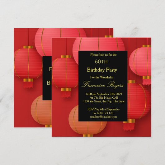Red Black Gold 60th Birthday Party Kaart (Voorkant / Achterkant)