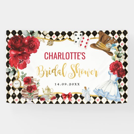 Red Black Gold Alice in het Wonderland Vrijgezelle Spandoek (Horizontaal)