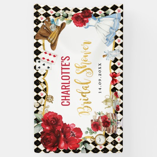 Red Black Gold Alice in het Wonderland Vrijgezelle Spandoek (Verticaal)