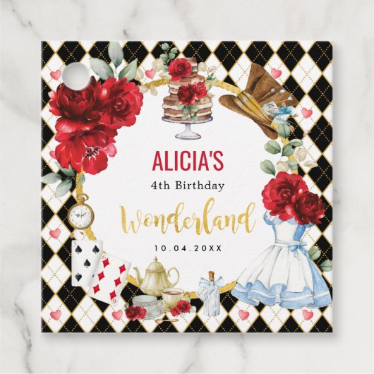 Red Black Gold Alice in Wonderland Mad Tea Party Bedankjes Labels (Voorkant)