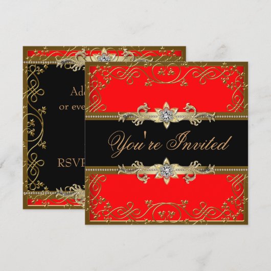 Red Black Gold Black Stropdas Party Kaart (Voorkant / Achterkant)
