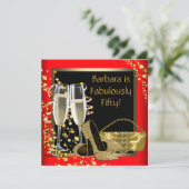 Red Black Gold Champagne 50ste verjaardagsfeest Kaart (Staand voorkant)