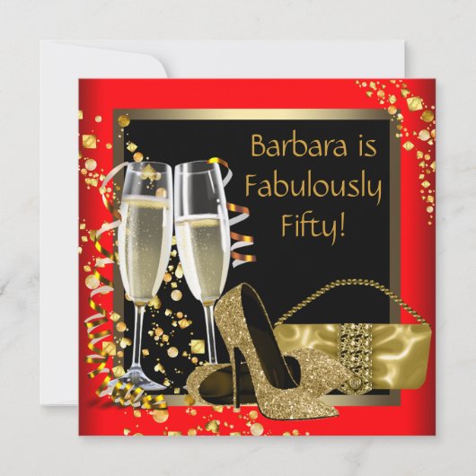 Red Black Gold Champagne 50ste verjaardagsfeest Kaart (Voorkant)