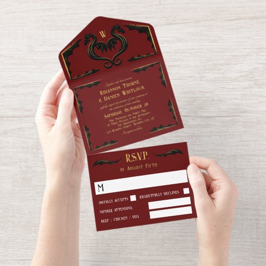 Red Black Gold Dragon Monogram Fantasy Wedding All In One Uitnodiging (Uittrekbaar)