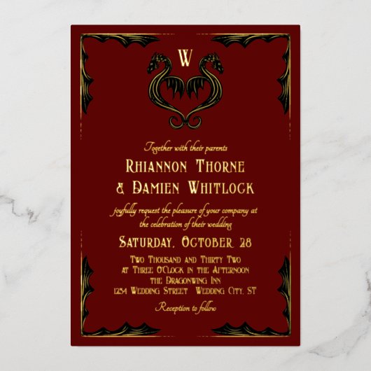 Red Black Gold Dragon Monogram Fantasy Wedding Folie Uitnodiging (Voorkant)