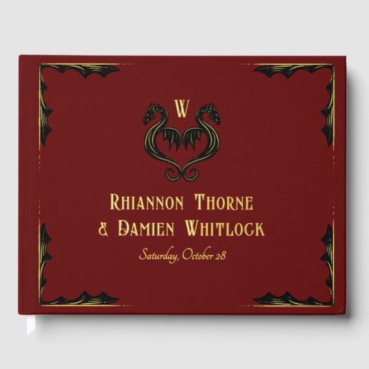 Red Black Gold Dragon Monogram Fantasy Wedding Gastenboek (Voorkant)