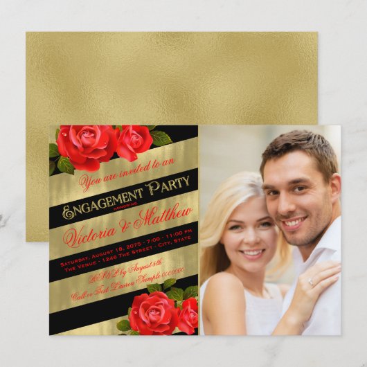 Red Black Gold Engagement Party Kaart (Voorkant / Achterkant)