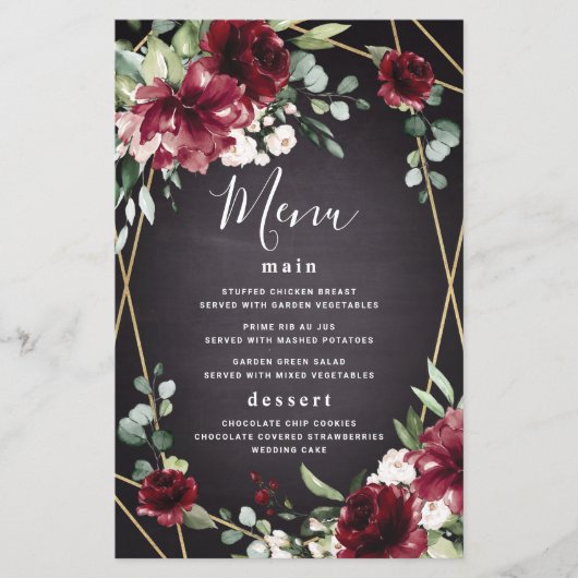 Red Black Gold Floral Elegant Wedding Menu Kaarten (Voorkant)