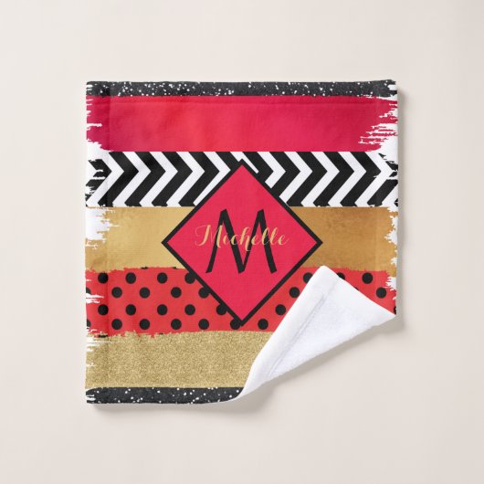 Red Black Gold Glitter Brush Stroke Monogramed Bad Handdoek (Wasdoekje)