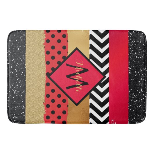 Red Black Gold Glitter Brush Stroke Monogramed Badmat (Voorkant)