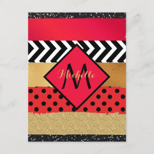 Red Black Gold Glitter Brush Stroke Monogramed Briefkaart