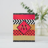 Red Black Gold Glitter Brush Stroke Monogramed Briefkaart (Staand voorkant)
