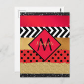 Red Black Gold Glitter Brush Stroke Monogramed Briefkaart (Voorkant / Achterkant)