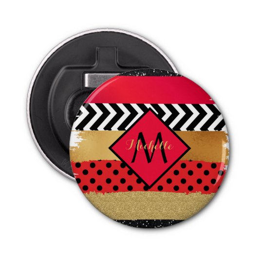 Red Black Gold Glitter Brush Stroke Monogramed Button Flesopener (Voorkant)