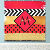 Red Black Gold Glitter Brush Stroke Monogramed Canvas Afdruk (Insitu (Houten vloer))
