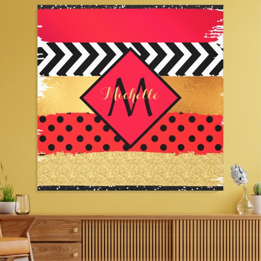 Red Black Gold Glitter Brush Stroke Monogramed Canvas Afdruk (Insitu (Woonkamer))