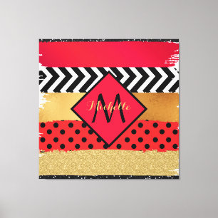 Red Black Gold Glitter Brush Stroke Monogramed Canvas Afdruk