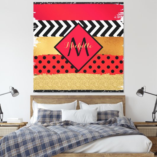 Red Black Gold Glitter Brush Stroke Monogramed Canvas Afdruk (Insitu (Slaapkamer))