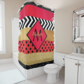 Red Black Gold Glitter Brush Stroke Monogramed Douchegordijn (In situ)