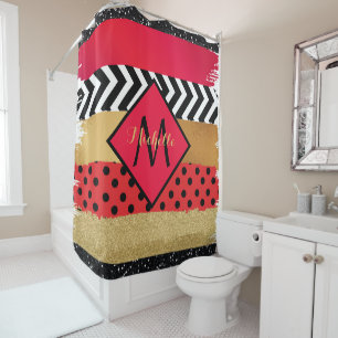 Red Black Gold Glitter Brush Stroke Monogramed Douchegordijn