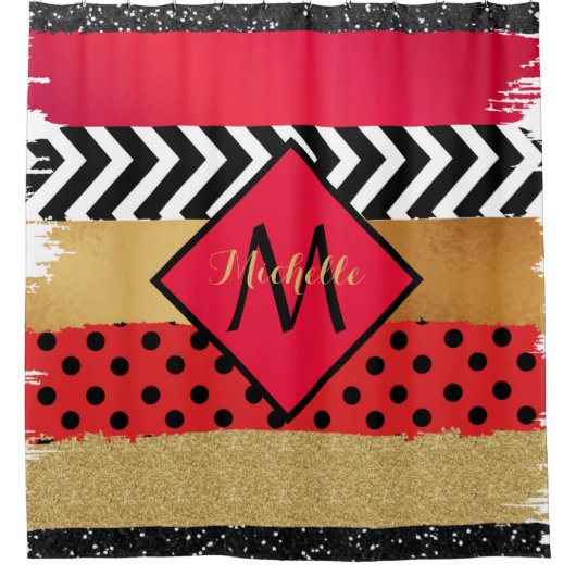Red Black Gold Glitter Brush Stroke Monogramed Douchegordijn (Voorkant)
