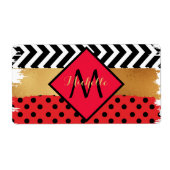 Red Black Gold Glitter Brush Stroke Monogramed Etiket (Voorkant)