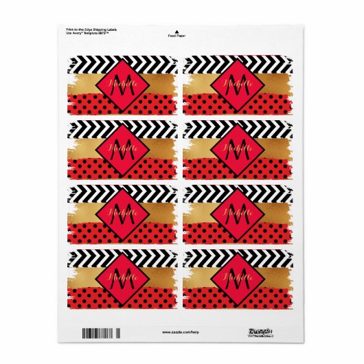 Red Black Gold Glitter Brush Stroke Monogramed Etiket (Full Sheet)