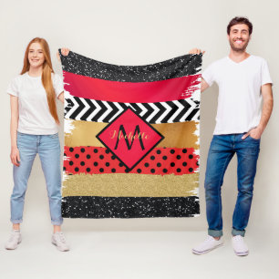 Red Black Gold Glitter Brush Stroke Monogramed Fleece Deken