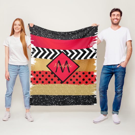 Red Black Gold Glitter Brush Stroke Monogramed Fleece Deken (In situ)