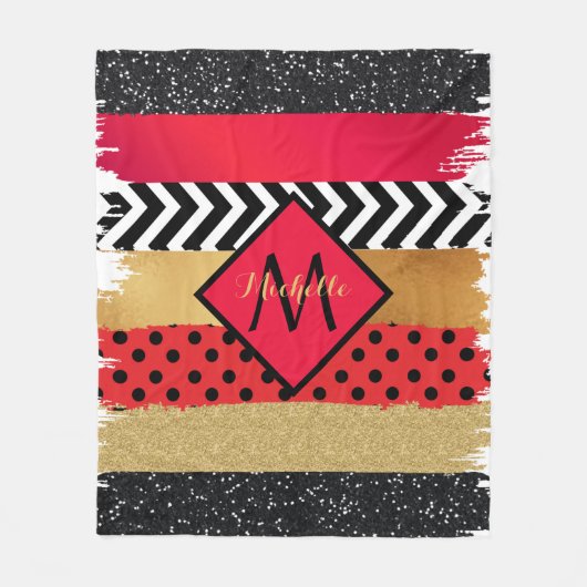 Red Black Gold Glitter Brush Stroke Monogramed Fleece Deken (Voorkant)