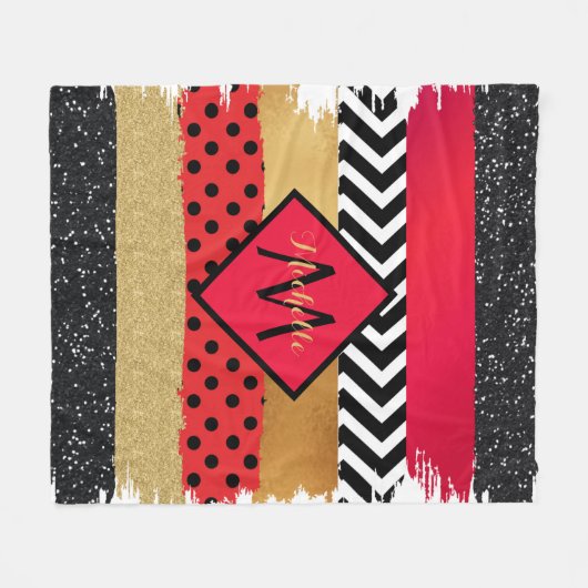 Red Black Gold Glitter Brush Stroke Monogramed Fleece Deken (Voorkant (Horizontaal))
