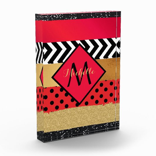 Red Black Gold Glitter Brush Stroke Monogramed Fotoblokken (Links)