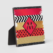 Red Black Gold Glitter Brush Stroke Monogramed Fotoplaat (Voorkant)