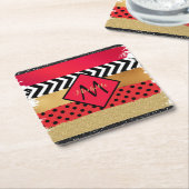 Red Black Gold Glitter Brush Stroke Monogramed Kartonnen Onderzetters (Schuin)