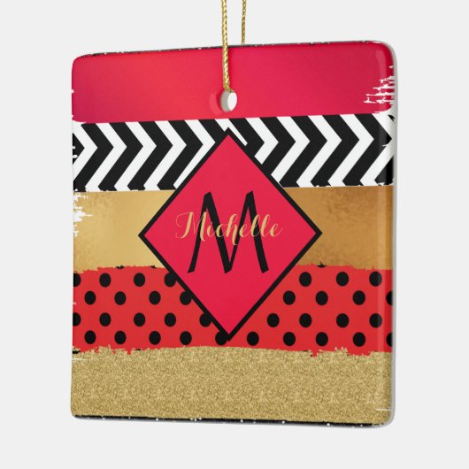 Red Black Gold Glitter Brush Stroke Monogramed Keramisch Ornament (Links)