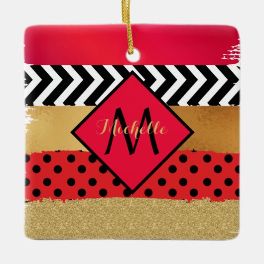 Red Black Gold Glitter Brush Stroke Monogramed Keramisch Ornament (Voorkant)