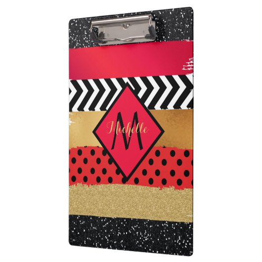 Red Black Gold Glitter Brush Stroke Monogramed Klembord (Links)