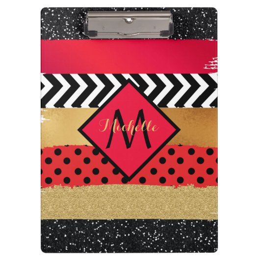Red Black Gold Glitter Brush Stroke Monogramed Klembord (Voorkant)
