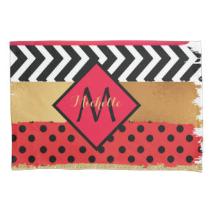 Red Black Gold Glitter Brush Stroke Monogramed Kussensloop