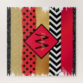 Red Black Gold Glitter Brush Stroke Monogramed Legpuzzel (Horizontaal)